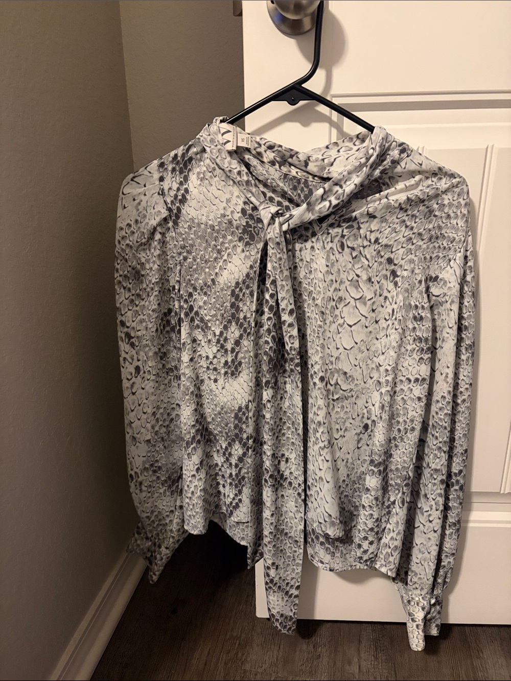 Worthington Gray Snake-Print Tie-Neck Blouse